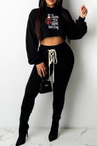 Black White Casual Print Frenulum Basic Hooded Collar Long Sleeve Two Pieces