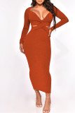 Tangerine Red Sexy Solid Hollowed Out Лоскутная юбка-карандаш с V-образным вырезом Платья