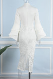 Белое элегантное однотонное вечернее платье в стиле пэчворк с круглым вырезом Платья