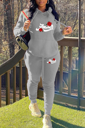 Grey Casual Letter Print Hooded Collar Long Sleeve Zipper Jackets And Draw String Sweatpants Two Pieces Jogger Sets