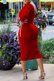 Vestidos de saia de um passo vermelho casual patchwork sólido gola oblíqua (com corrente na cintura)