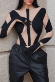 Black Sexy Patchwork See-through O Neck Skinny Romper