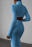 Sky Blue Casual Solid Patchwork Slit Asymmetrical Turtleneck Long Sleeve Two Pieces