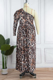 Leopardenmuster Casual Print Patchwork Backless Schrägkragen Kleider in Übergröße