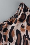 Leopardtryck Casual Print Patchwork Backless Oblique Collar Plus Size Klänningar