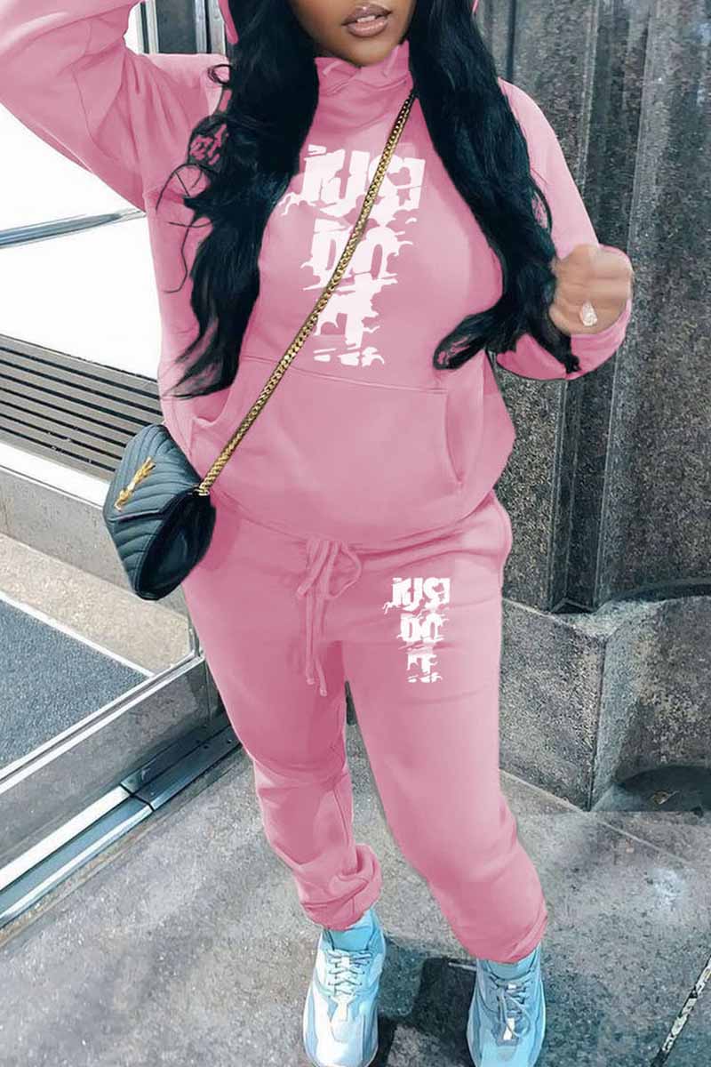 

Pink Casual Print Letter Hooded Collar Long Sleeve Two Pieces