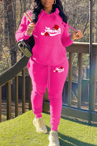 Rose Red Casual Letter Print Hooded Collar Long Sleeve Zipper Jackets And Draw String Sweatpants Two Pieces Jogger Sets