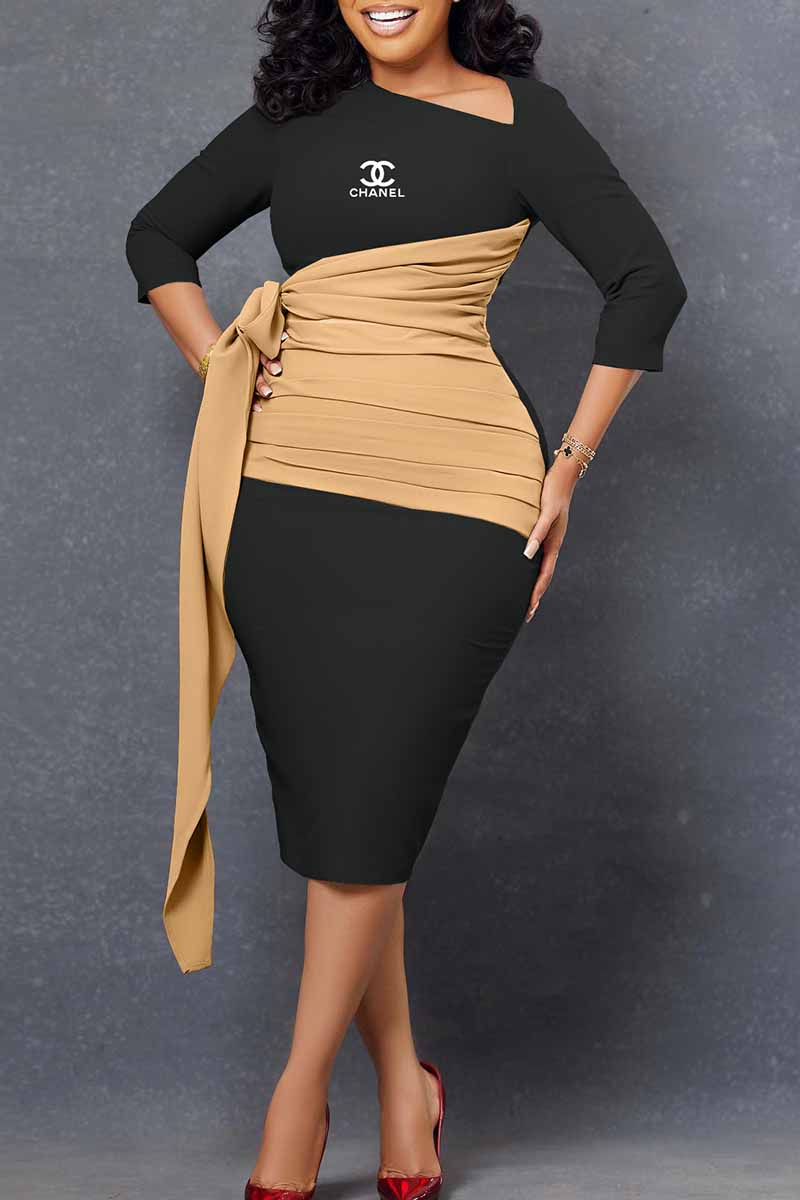 

Black Elegant Print Letter Asymmetrical Collar Pencil Skirt Dresses