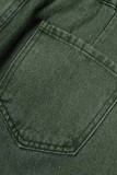 Green Casual Solid Patchwork High Waist Regular Denim Jeans