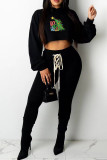 Black Red Casual Print Frenulum Basic Hooded Collar Long Sleeve Two Pieces