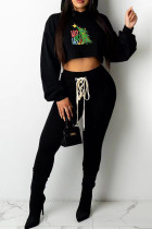 Black Green Casual Print Frenulum Basic Hooded Collar Long Sleeve Two Pieces