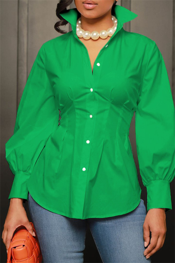 Зеленый сексуальный повседневный однотонный однотонный топ с воротником рубашки