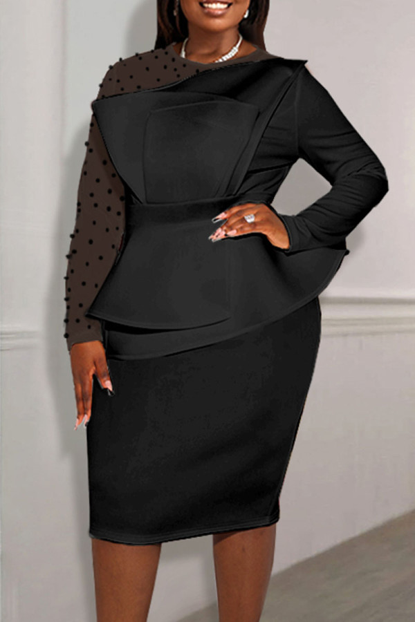 Черные элегантные однотонные лоскутные платья-юбки с круглым вырезом и бисером в один шаг