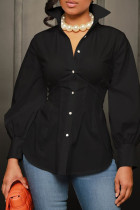 Tops de cuello de camisa de color sólido casual sexy negro