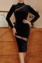 Negro sexy elegante sólido patchwork medio cuello alto un paso falda vestidos