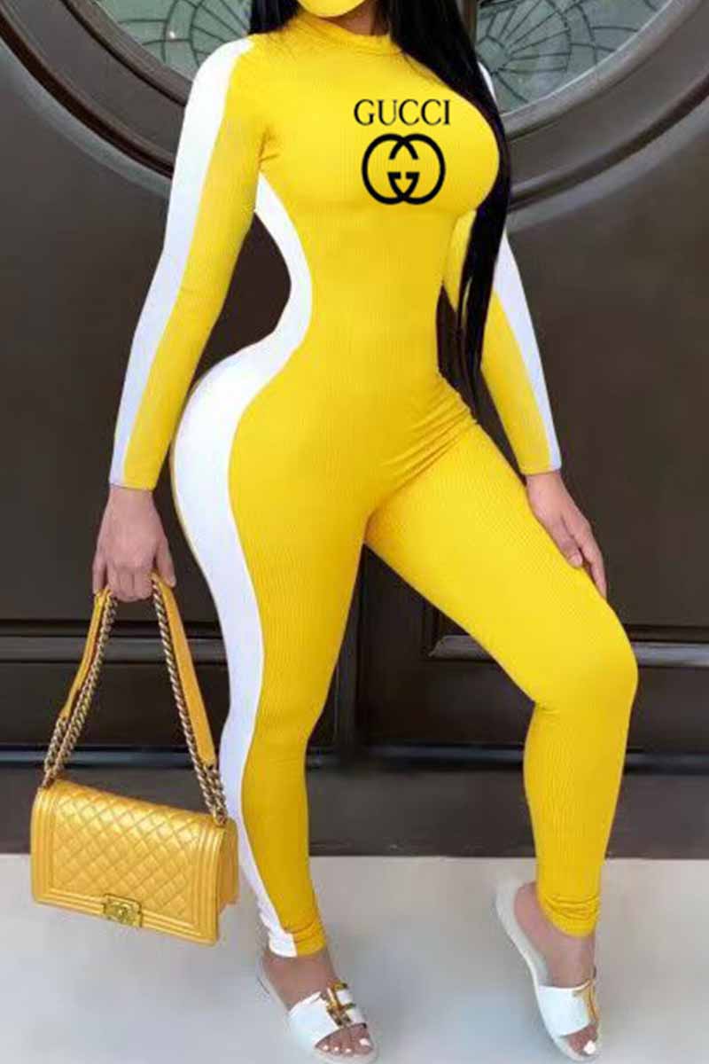 

Yellow Street Print Letter O Neck Jumpsuits