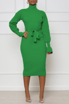 グリーン カジュアル 無地 包帯 パッチワーク タートルネック ワンステップ スカート ドレス