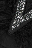 Macacão reto preto sexy de penas de retalhos de broca quente com decote em V