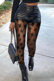 Pantalones de retazos de lápiz de cintura alta flacos transparentes de patchwork sólido sexy negro