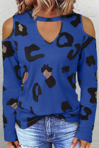 Blusas casuais azuis com estampa de leopardo de rua e decote em O