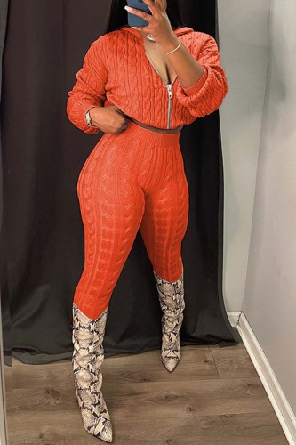 Orange Casual Solid Patchwork Hooded Collar Long Sleeve Two Pieces