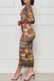 Многоцветный повседневный принт Базовые платья с круглым вырезом и длинными рукавами