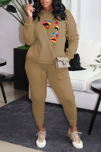 Khaki Street Graphics Print O Neck Long Sleeve Sweatshirt And Pants Sportwear Two Piece Jogger Set