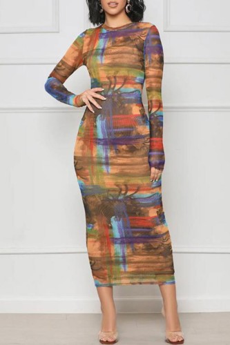 Multicolor Casual Print Basic O-hals långärmade klänningar
