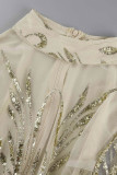 Серебряные сексуальные лоскутные блестки, прозрачные платья с длинными рукавами и высоким воротником