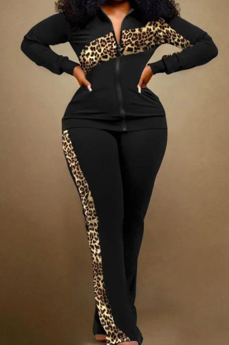 Leopard Print Casual Street Print Patchwork Zipper Long Sleeve Two Pieces