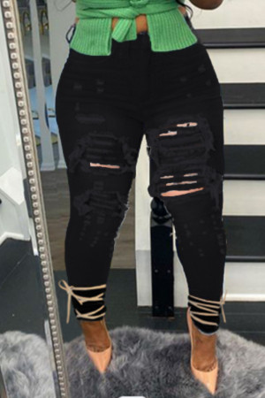 Black Casual Street Solid Ripped Hollowed Out Patchwork High Waist Denim Jeans