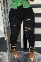 Zwarte casual straat effen gescheurde uitgeholde patchwork hoge taille denim jeans