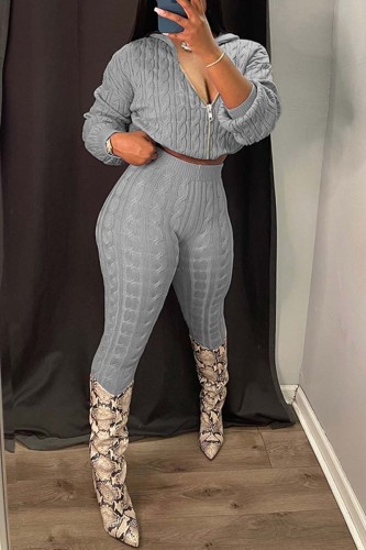 Grey Casual Solid Patchwork Hooded Collar Long Sleeve Two Pieces