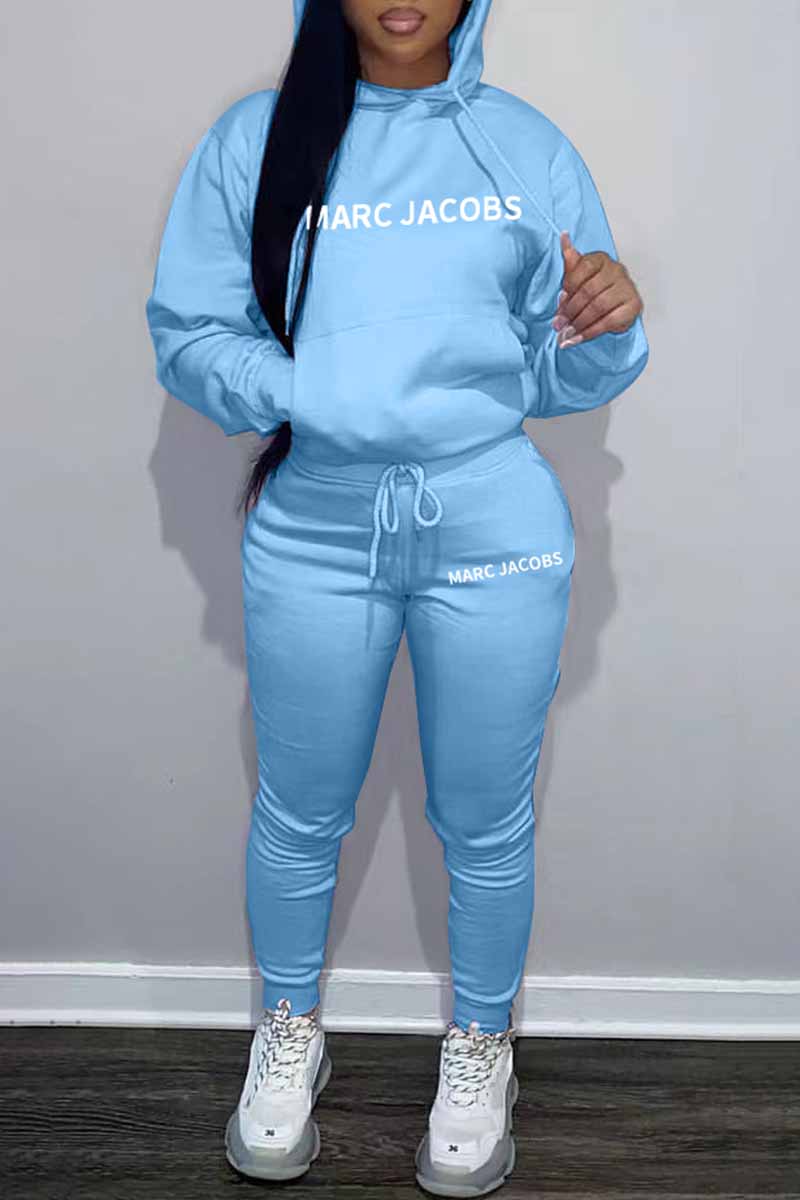 

Sky Blue Street Print Letter Hooded Collar Long Sleeve Two Pieces