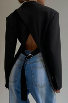 Black Casual Solid Backless Turndown Collar Outerwear