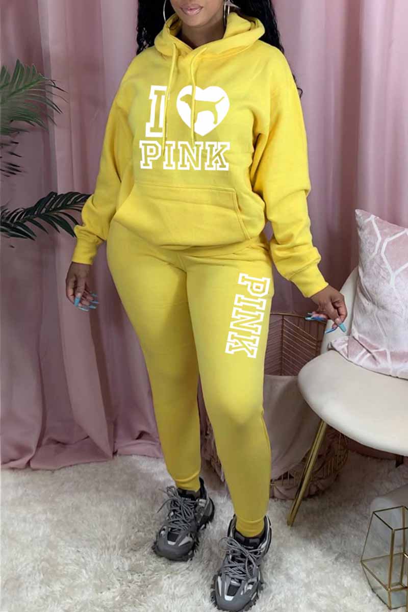 

Yellow Casual Print Letter Hooded Collar Long Sleeve Two Pieces