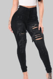 Jeans jeans preto casual street sólido rasgado oco patchwork cintura alta