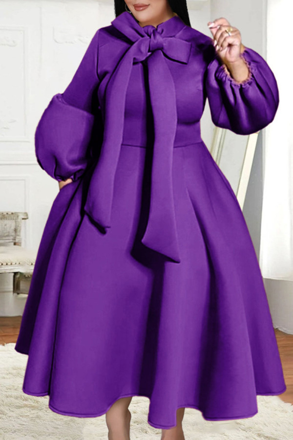 Púrpura elegante sólido vendaje patchwork medio cuello alto una línea de vestidos