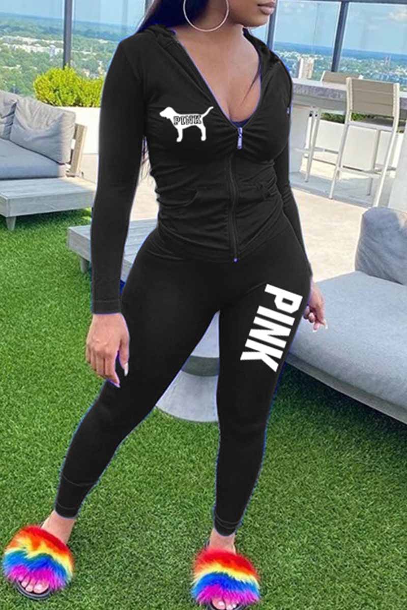 

Black Casual Print Letter Hooded Collar Long Sleeve Two Pieces
