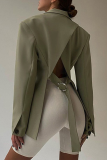 Green Casual Solid Backless Turndown Collar Outerwear