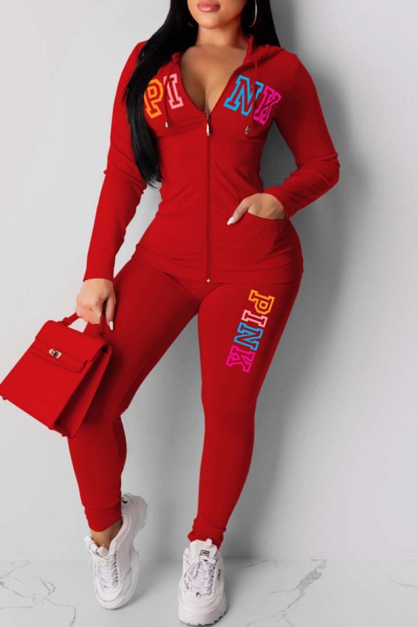 Rojo casual estampado de letras patchwork cuello con capucha manga larga dos piezas