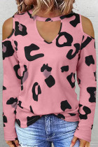 Blusas casuais rosa com estampa de leopardo de rua e decote em bico