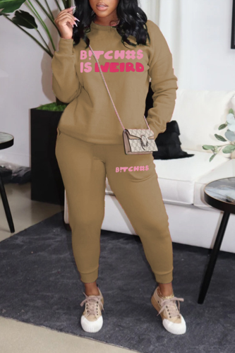 Khaki Street Letter Print O Neck Long Sleeve Sweatshirt And Skinny Pants Sportwear Two Pieces Jogger Sets