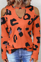 Magliette casual con scollo a O con stampa leopardata arancione