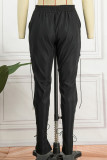 Pantalones casuales de color sólido de cintura alta con retazos de vendaje sólido negro