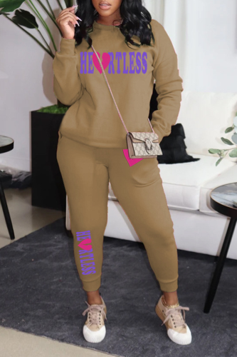Khaki Street Letter Print O Neck Long Sleeve Sweatshirt And Pants Sportwear Two Piece Jogger Set