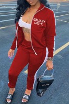 Красная спортивная одежда с принтом и буквенным принтом, воротник на молнии, длинный рукав, два предмета