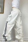 Белые повседневные уличные однотонные однотонные брюки в стиле пэчворк с карманами до середины талии и широкими штанинами