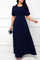 Темно-синее повседневное однотонное длинное платье в стиле пэчворк с круглым вырезом Платья