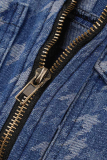 Chaqueta de mezclilla de manga larga con cuello vuelto informal a cuadros azul